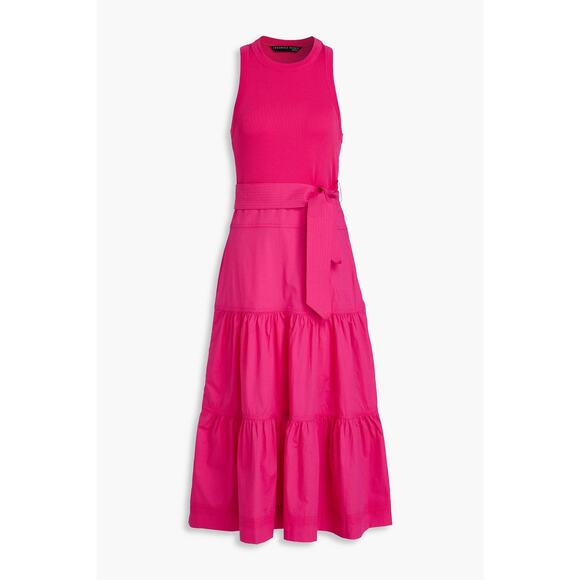 NWT Veronica Beard‎ Austyn Dress Fuchsia Pink Tiered Midi Poplin Small *No Belt* - Picture 2 of 10